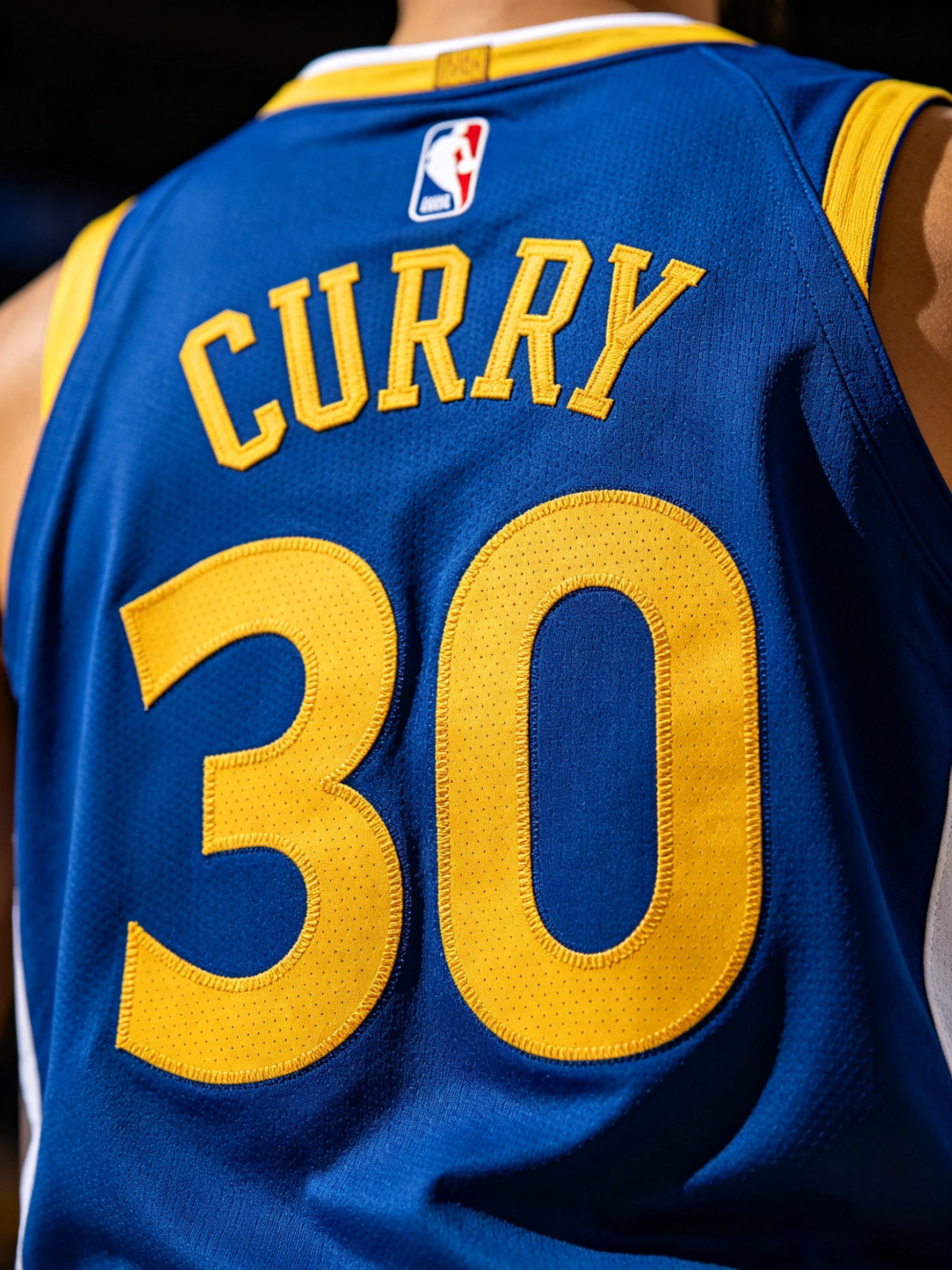 Close up of Stephen Curry Warriors jersey