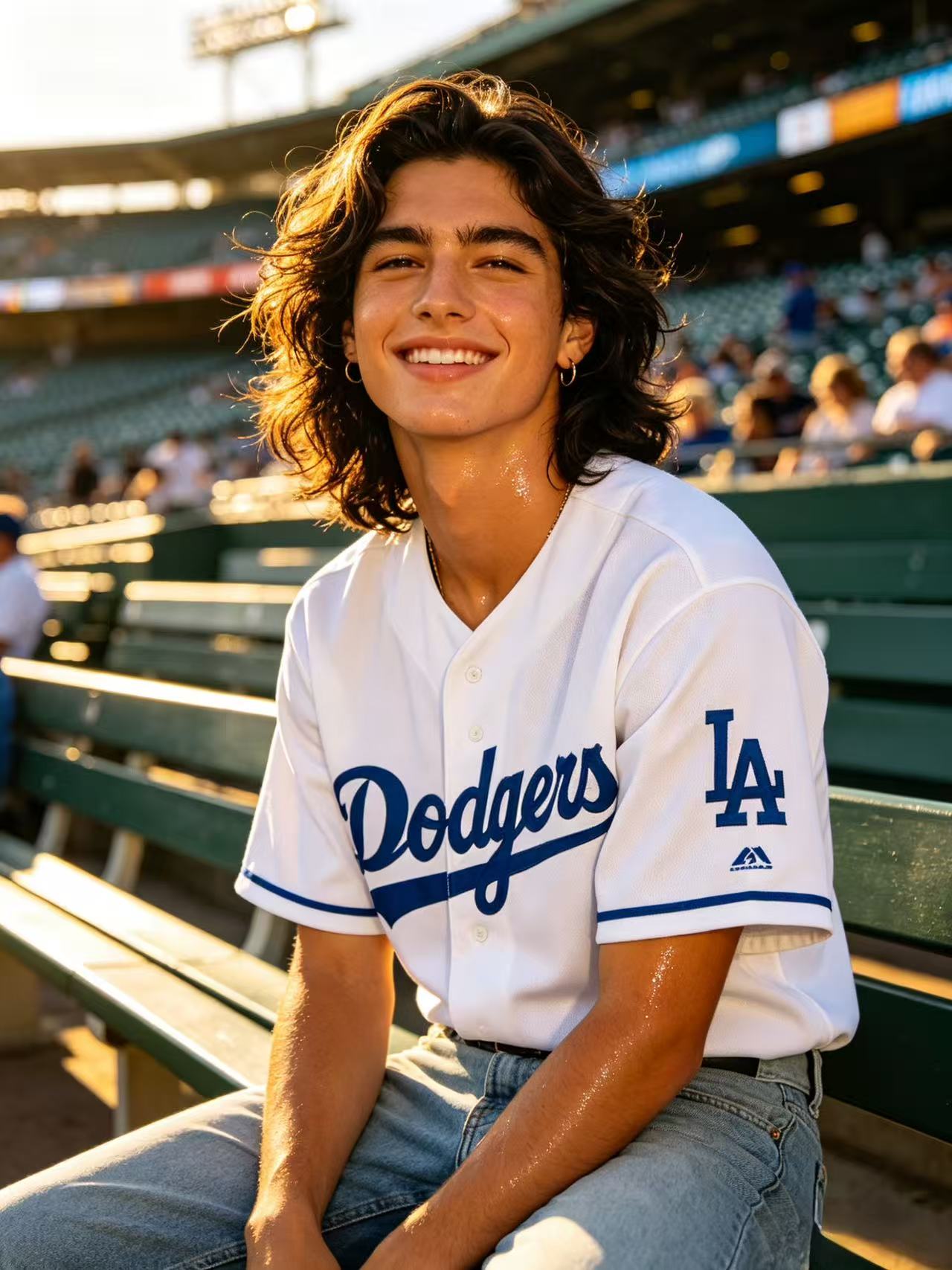 Fan wearing Dodgers jersey at stadium